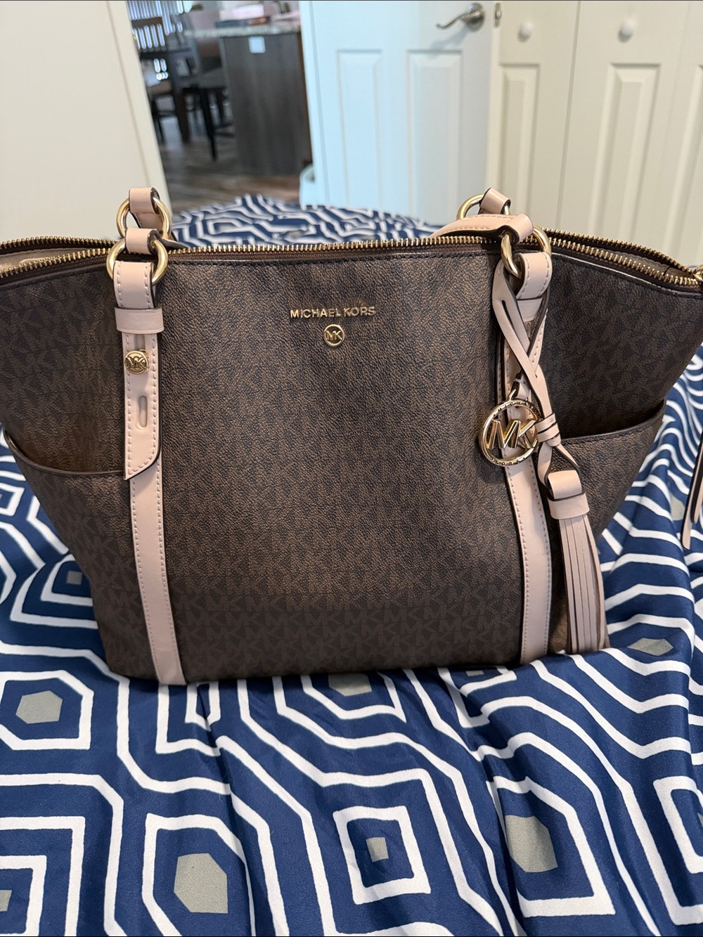 Michael Kors Brown Tote with Pale Pink Trim and Gold Hardware